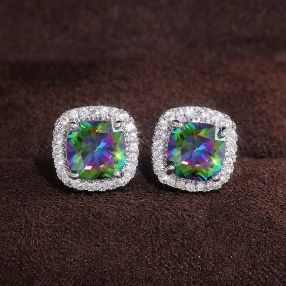 Square Colorful Micro Pave Zircon Stud Earrings for Women, EVGG1032 - Picture 3 of 10